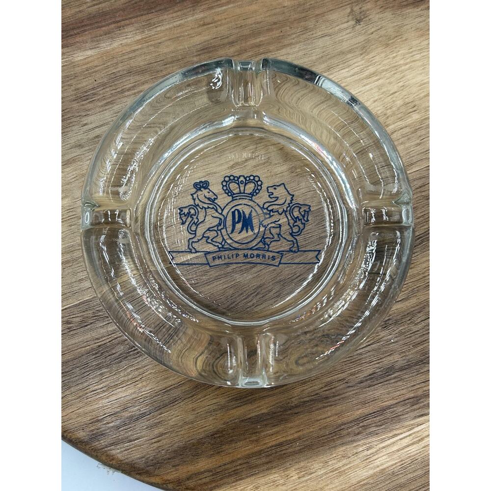 Vintage Philip Morris Glass Ashtray PM Crest Clear Round Mexico Car Collectible